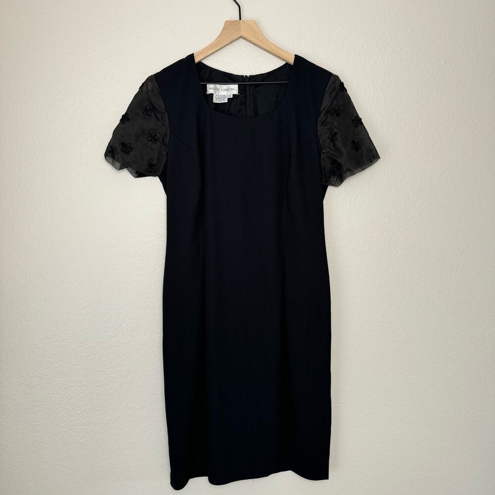 Maggy London Womens Black Flower Sheath Dress Embroidered Short Sleeve Size 8